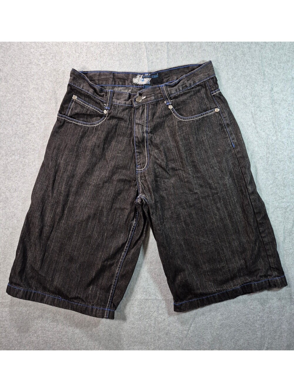 Evolution in Design Y2K Men’s 36 Black Baggy Denim Jorts Blue Stitch Graphic